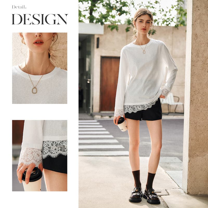 Белая хлопковая футболка OLrain с кружевом