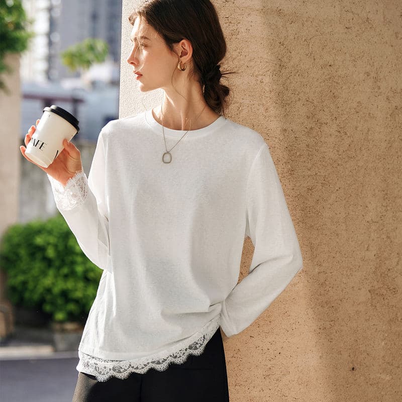 Белая хлопковая футболка OLrain с кружевом