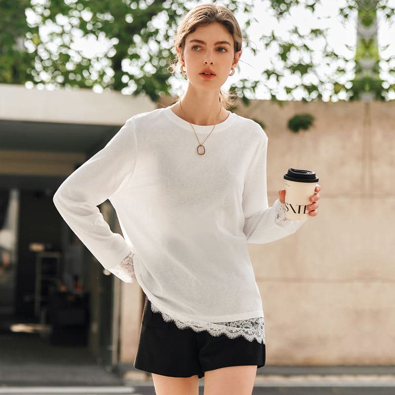 Белая хлопковая футболка OLrain с кружевом